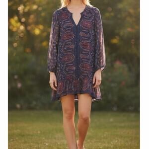 Maison Scotch Scotch & Soda Paisley Chiffon Tunic Dress Women's 1 Small Navy